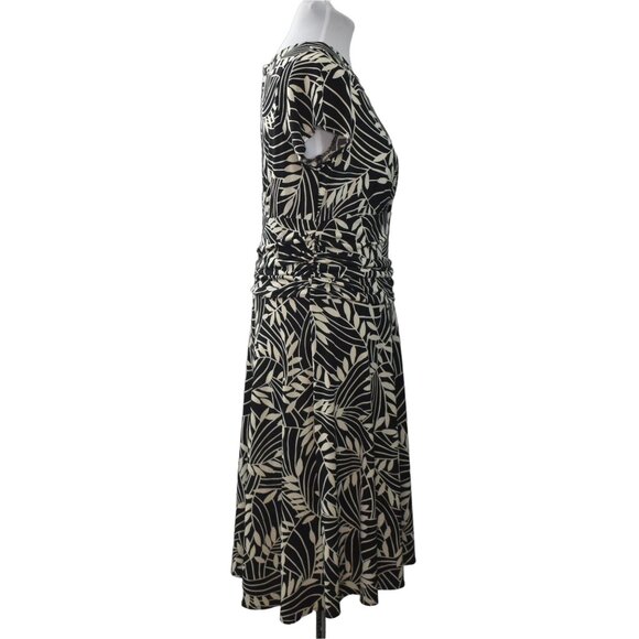 London Times Dress Womans 16W Ruched Waist Wrap V Neck Palm Fronds Brown Ivory - Picture 2 of 6